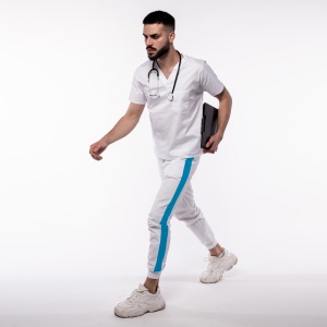 Pantalon medical ART stretch (cu elastan) cu contrast, buzunare si manseta pentru barbati-alb/turqoise