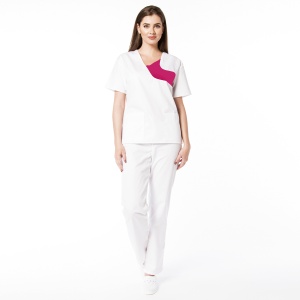 Uniformă Medicală Chic din Poplin cu pantalon clasic-Alb cu magenta