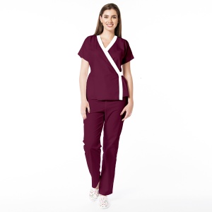 Uniformă medicală din poplin Jachetă Tara cu inserție albă și pantaloni clasici pentru femei-Visiniu