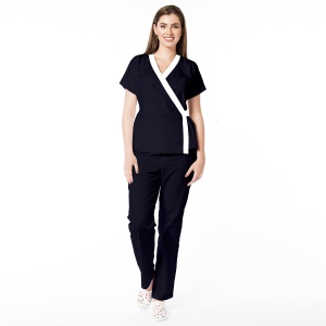 Uniformă medicală din poplin Jachetă Tara cu inserție albă și pantaloni clasici pentru femei-Bleumarin