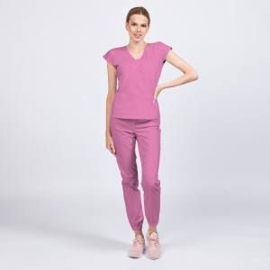 Uniforma medicala DOLL cu bluza cambrata si pantalon jogger-Fucsia - Img 1