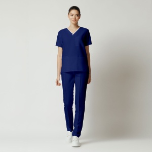 Uniformă Medicală OPTIM din Microfibră cu Inserție Albă și Pantalon Cambrat-Albastru safir