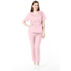 Uniforma medicala stretch (cu elastan) Roz pal-bluza cambrata cu snur si pantalon pentru femei Doll - Img 1