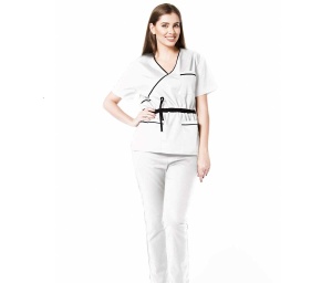 Uniforma medicala stretch DOLL (cu elastan) Alb cu contrast Negru, bluza cambrata cu snur si pantalon jogger pentru femei - Img 1
