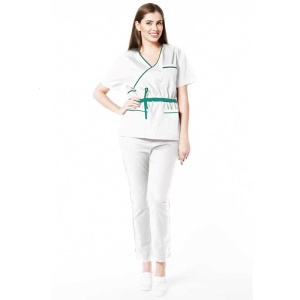 Uniforma medicala stretch DOLL (cu elastan) Alb cu contrast Verde Menta, bluza cambrata cu snur si pantalon pentru femei - Img 1