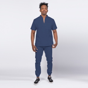 Uniforma medicala stretch STIL (cu elastan) cu pantaloni jogger pentru barbati -Negru -Albastru nocturn