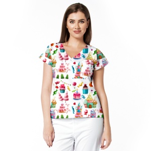 Bluza medicala cambrata cu capse si imprimeu pentru femei DOLL Cupcakes