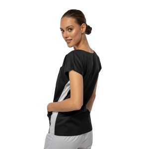 Bluza medicala cambrata stretch DOLL (cu elastan) Negru cu contrast Alb pentru femei - Img 1