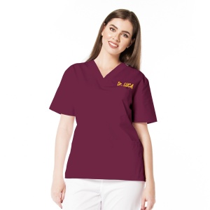 Bluza medicala KULT din poplin personalizata cu nume si functie-Visiniu