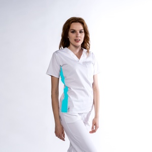 Bluza medicala KULT stretch (cu elastan) Alb cu contrast Ocean lateral