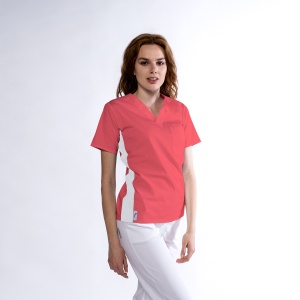 Bluza medicala KULT stretch (cu elastan) Coral cu contrast Alb lateral
