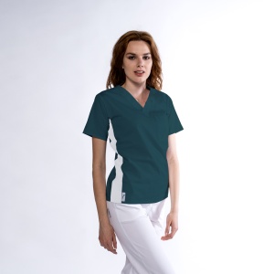 Bluza medicala KULT stretch (cu elastan) Verde marin cu contrast Alb lateral