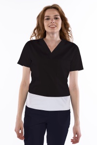 Bluza medicala stretch KULT (cu elastan) Negru cu contrast Alb pentru femei