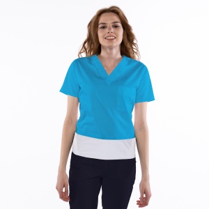 Bluza medicala stretch KULT (cu elastan) Turqoise cu contrast Alb pentru femei
