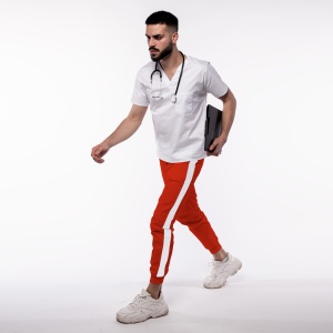 Pantalon medical ART stretch (cu elastan) cu contrast, buzunare si manseta pentru barbati-rosu/alb