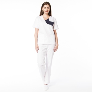 Uniformă Medicală Chic din Poplin cu pantalon clasic-Alb cu bleumarin