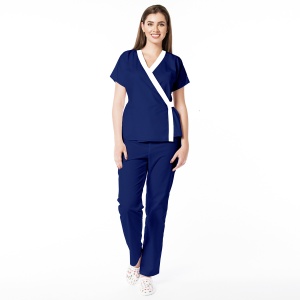 Uniformă medicală din poplin Jachetă Tara cu inserție albă și pantaloni clasici pentru femei-Albastru safir