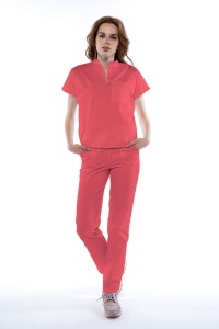 Uniforma medicala FABS stretch (cu elastan) cu pantalon pentru femei-Coral - Img 1