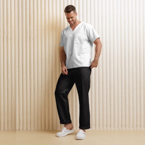 Uniformă medicală KULT bărbați– Bluza alba & pantaloni negrii din material poplin