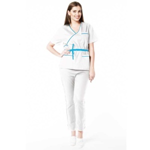 Uniforma medicala stretch DOLL (cu elastan) Alb cu contrast Turqoise, bluza cambrata cu snur si pantalon pentru femei - Img 1