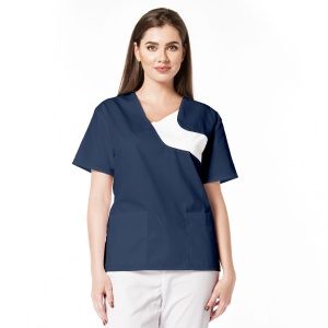 Bluza medicala Chic din poplin pentru femei-Albastru noctun cu alb - Img 1