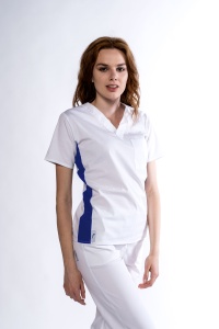 Bluza medicala KULT stretch (cu elastan) Alb cu contrast Albastru safir lateral