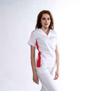 Bluza medicala KULT stretch (cu elastan) Alb cu contrast Rosu lateral