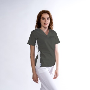 Bluza medicala KULT stretch (cu elastan) Gri metal cu contrast Alb lateral