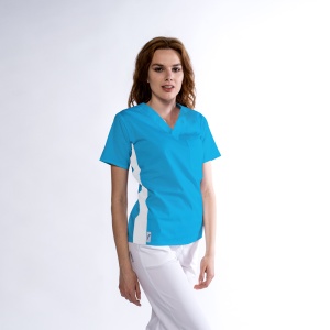 Bluza medicala KULT stretch (cu elastan) Turqoise cu contrast Alb lateral