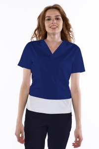 Bluza medicala stretch KULT (cu elastan) Albastru safir cu Alb contrast pentru femei