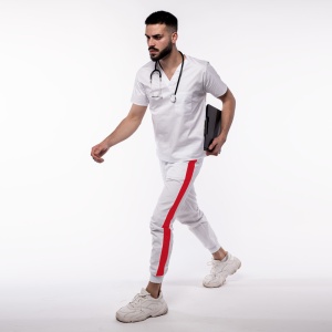 Pantalon medical ART stretch (cu elastan) cu contrast, buzunare si manseta pentru barbati-alb/rosu