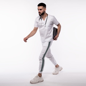 Pantalon medical ART stretch (cu elastan) cu contrast, buzunare si manseta pentru barbati-alb/gri