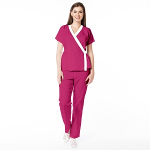 Uniformă medicală din poplin Jachetă Tara cu inserție albă și pantaloni clasici pentru femei-Magenta