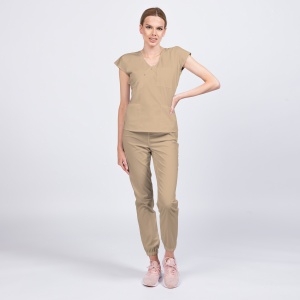 Uniforma medicala DOLL stretch (cu elastan) cu bluza cambrata si pantalon jogger pentru femei-Bej