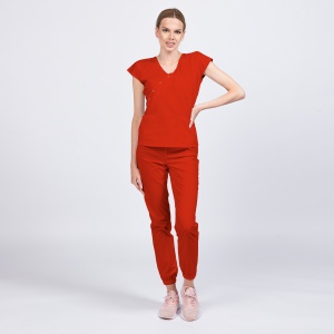 Uniforma medicala DOLL stretch (cu elastan) cu bluza cambrata si pantalon jogger pentru femei-Rosu