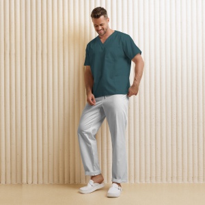 Uniformă medicală KULT bărbați– Bluza verde marin & pantalon alb din material poplin