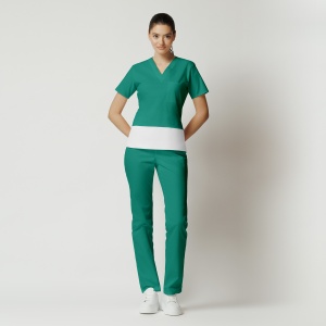 Uniformă Medicală Kult Stretch cu Inserție Orizontală Albă și Pantalon Clasic-Verde menta