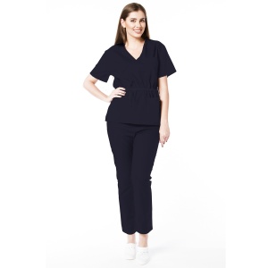Uniforma medicala stretch (cu elastan) Bleumarin-bluza cambrata cu snur si pantalon pentru femei Doll - Img 1