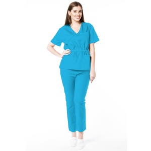 Uniforma medicala stretch (cu elastan) Turqoise-bluza cambrata cu snur si pantalon pentru femei Doll - Img 1
