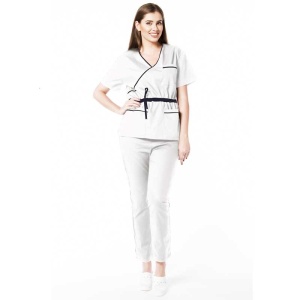 Uniforma medicala stretch DOLL (cu elastan) Alb cu contrast Bleumarin, bluza cambrata cu snur si pantalon pentru femei - Img 1