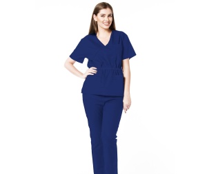 Uniforma medicala stretch DOLL (cu elastan) Albastru Safir - bluza cambrata cu snur si pantalon jogger pentru femei - Img 1