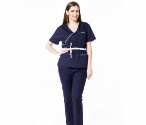 Uniforma medicala stretch DOLL (cu elastan) Bleumarin - cu contrast, bluza cambrata cu snur si pantalon jogger pentru femei - Img 1