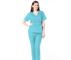 Uniforma medicala stretch DOLL (cu elastan) Ocean - bluza cambrata cu snur si pantalon jogger pentru femei - Img 1
