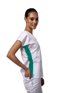 Bluza medicala DOLL cambrata stretch (cu elastan) Alb cu contrast Verde Menta pentru femei - Img 1