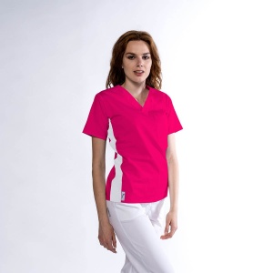 Bluza medicala KULT stretch (cu elastan) Magenta cu contrast Alb lateral