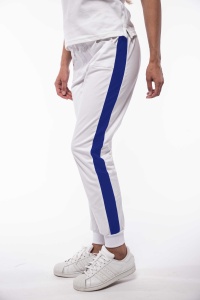 Pantalon medical ART stretch (cu elastan) Alb contrast Albastru safir cu buzunare si mansete pentru femei