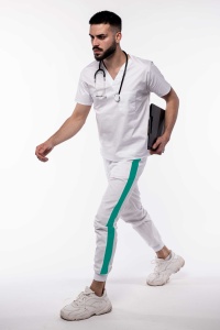 Pantalon medical ART stretch (cu elastan) cu contrast, buzunare si manseta pentru barbati-alb/verde menta
