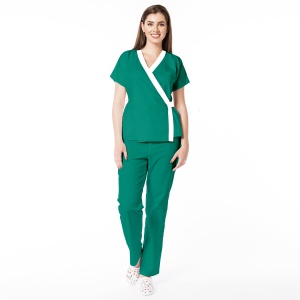 Uniformă medicală din poplin Jachetă Tara cu inserție albă și pantaloni clasici pentru femei-Verde menta