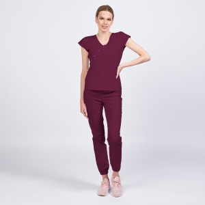 Uniforma medicala DOLL cu bluza cambrata si pantalon jogger -Visiniu - Img 1