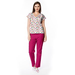 Uniformă medicală Doll cu imprimeu Cupcakes pe fond alb și pantaloni clasici pentru femei